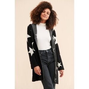Sioni Womens Black White Star Print Hooded Open Front Longline Cardigan Sweater